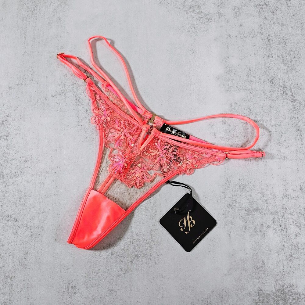 Honey Birdette Lola Sour Pink Neon Embroidered Adjustable Thong Panty Size S